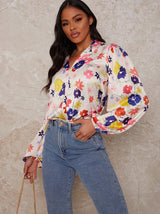 Floral Print Button Up Satin Shirt in White