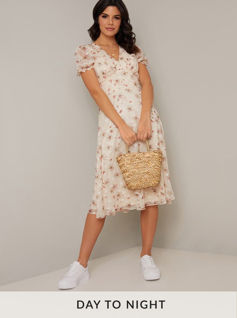 Jaquard Floral Print Day Dress in Cream
