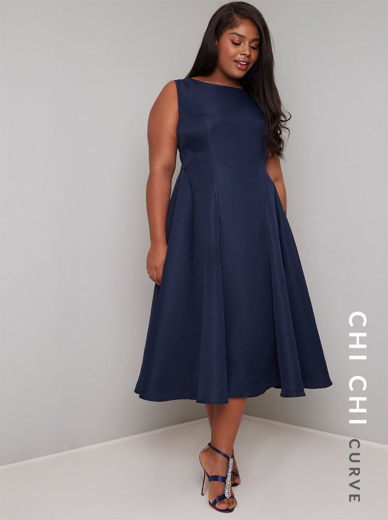 Plus Size Fitted Bodice Midi Dress in Blue