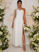 Bridal One Shoulder Sequin Maxi Dress In White