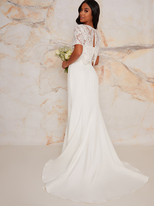 Petite Lace Overlay Bodice Maxi Wedding Dress in White