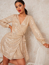 Wrap Long Sleeve Sequin Mini Dress in Gold