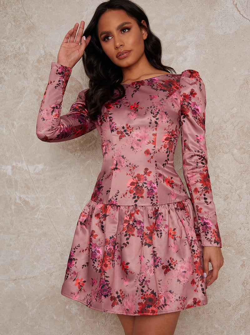 Long Sleeve Floral Print Mini Dress in Pink