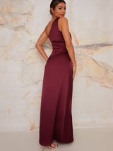 One Shoulder Satin Finish Maxi Dress in Berry