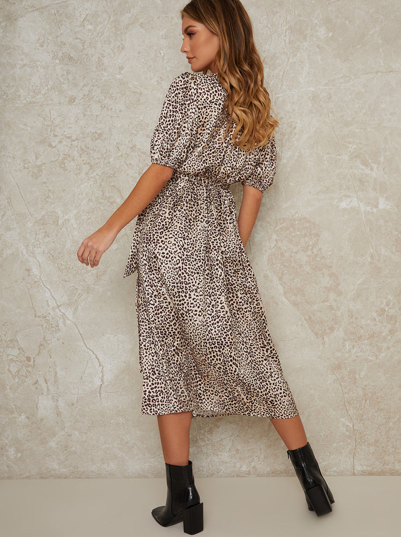 Short Sleeve Leopard Print Midi Dress in Multi