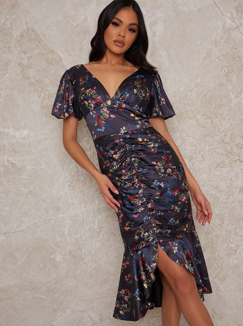 Satin Ruched Floral Midi Dress in Navy