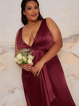 Plus Size Satin Wrap Bridesmaids Maxi Dress in Berry