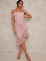 Crochet Bardot Midi Dress in Pink
