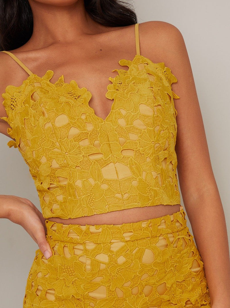 Cami Strap Lace Crochet Crop Top in Yellow