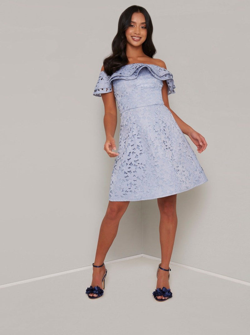 Petite Laser Cut Mini Dress with Floral Design in Blue