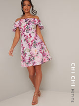 Petite Bardot Frill Floral Print Mini Dress in Pink