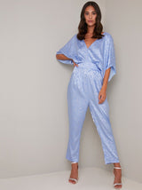 Silky Cape Detail Jumpsuit in Blue