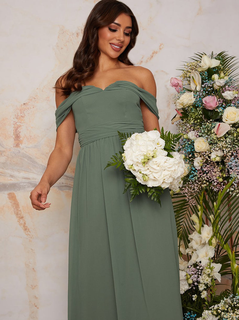 Bardot Draped Chiffon Bridesmaid Maxi Dress in Green