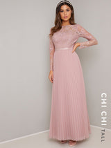 Tall Long Sleeved Lace Bodice Pleat Maxi Dress in Pink