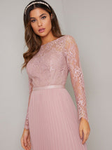 Tall Long Sleeved Lace Bodice Pleat Maxi Dress in Pink