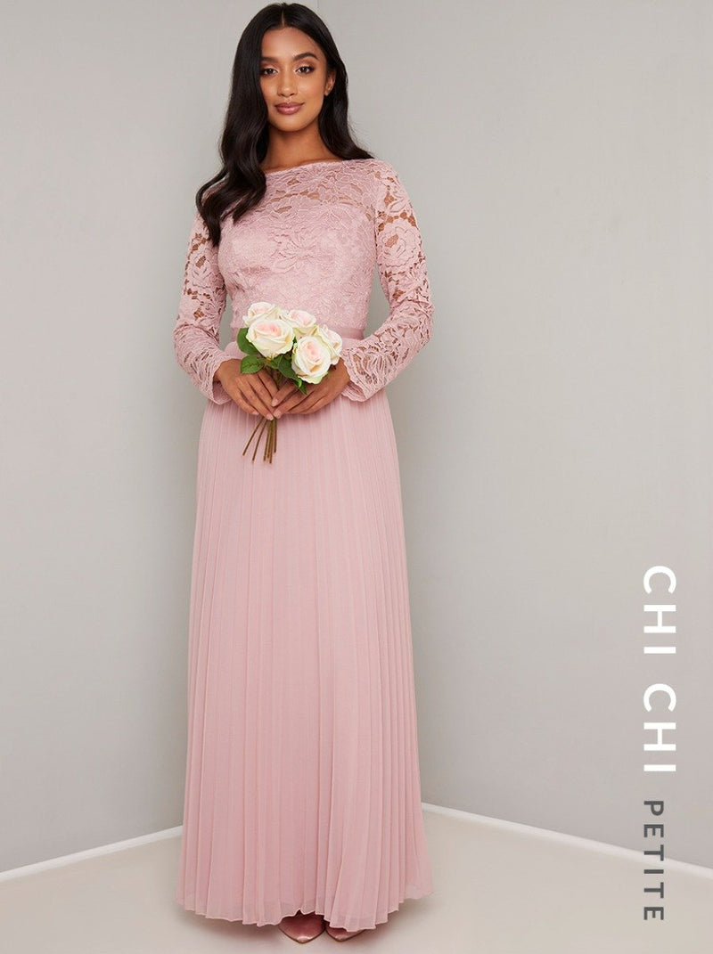 Petite Long Sleeved Lace Pleat Maxi Dress in Pink