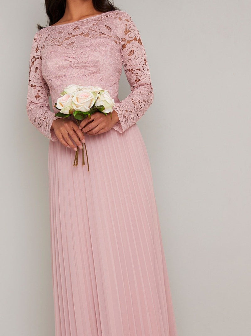Petite Long Sleeved Lace Pleat Maxi Dress in Pink