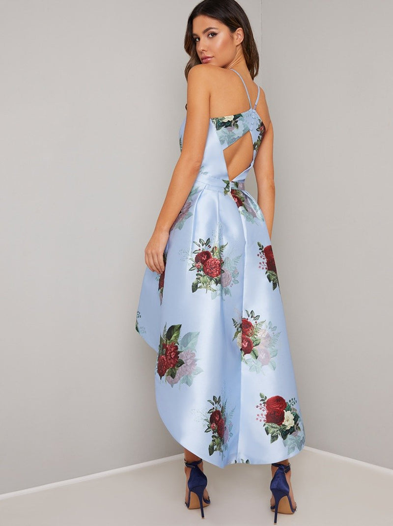 Dip Hem Dress with Printed Floral Design in Blue