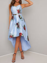 Dip Hem Dress with Printed Floral Design in Blue