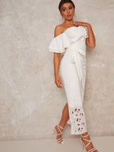 Off Shoulder Crochet Maxi Dress in White