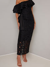 Off Shoulder Crochet Maxi Dress in Black
