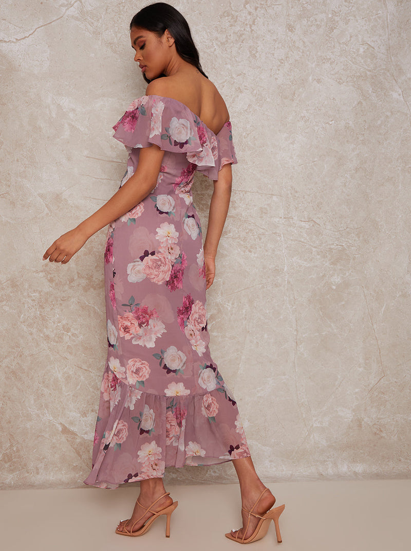 Floral Frill Detail Printed Maxi Dress