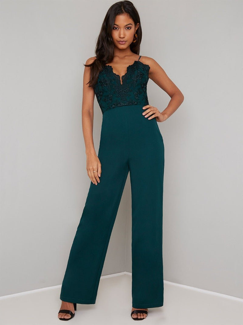 Cami Strap Lace Bodice Wide Leg Jumpsuit in Green