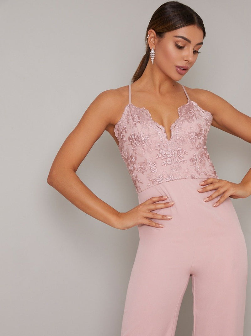 Cami Strap Lace Bodice Wide Leg Jumpsuit in Pink
