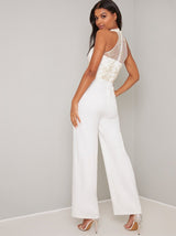 Embroidered Jumpsuit with Flared Trousers in Cream