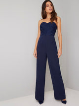 Strapless Lace Bodice Flared Leg Jumpsuit in Blue