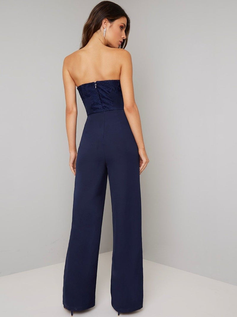Strapless Lace Bodice Flared Leg Jumpsuit in Blue