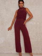 Berry Sleeveless High Neck Lace Jumpsuit