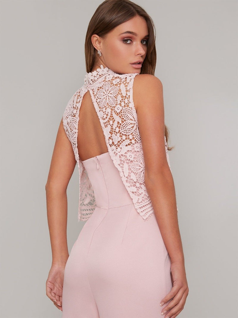 High Neck Lace Overlay Wide Leg Jumpsuit in Pink