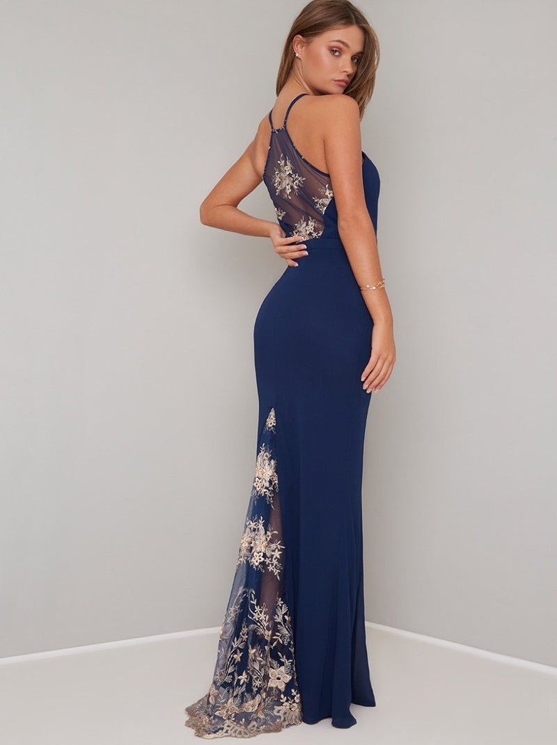 Cami Strap Lace Panel Maxi Dress in Blue