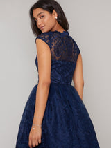 Cap Sleeved Embroidered Lace Midi Tea Dress in Blue
