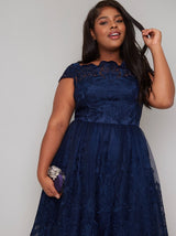 Plus Size Lace Detail Cap Sleeved Midi Dress In Blue