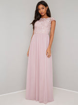 Lace Bodice Cap Sleeved Maxi Dress in Pink