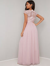 Lace Bodice Cap Sleeved Maxi Dress in Pink