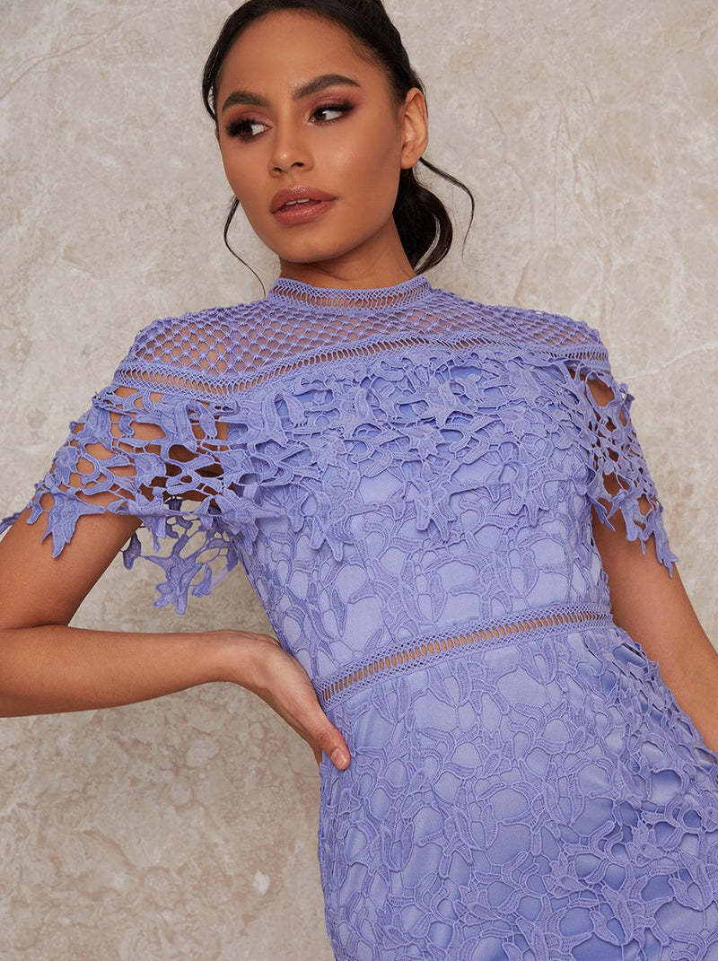 Crochet Midi Dress with Cape Design in Blue