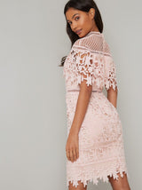 Cap Sleeved Lace Crochet Bodycon Midi Dress in Pink