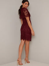 Tall High Neck Lace Crochet Bodycon Midi Dress in Red