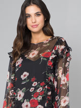 Floral Ruffle Detail Top in Black