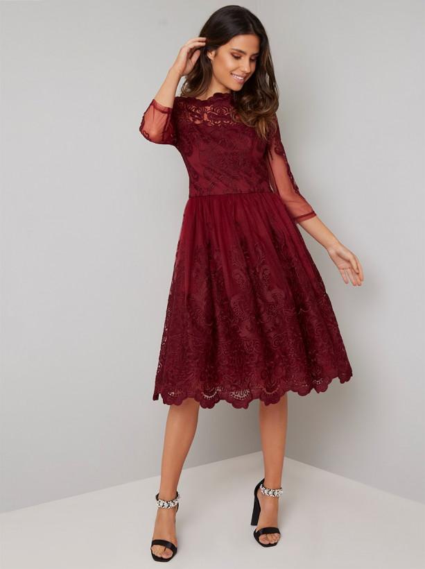 Sheer Sleeved Lace Bodice Midi Dress in Red