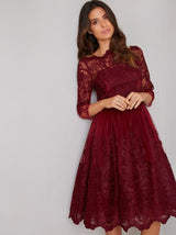Sheer Sleeved Lace Bodice Midi Dress in Red