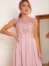 Cap Sleeve Lace Skater Midi Dress in Pink