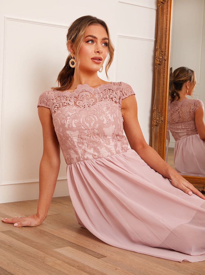 Cap Sleeve Lace Skater Midi Dress in Pink