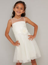 Girls Tulle Midi Dress with Corsage Detail in Cream