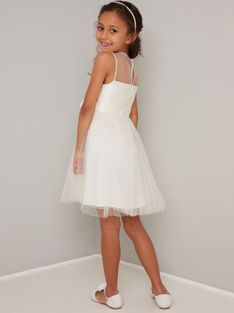 Girls Tulle Midi Dress with Corsage Detail in Cream