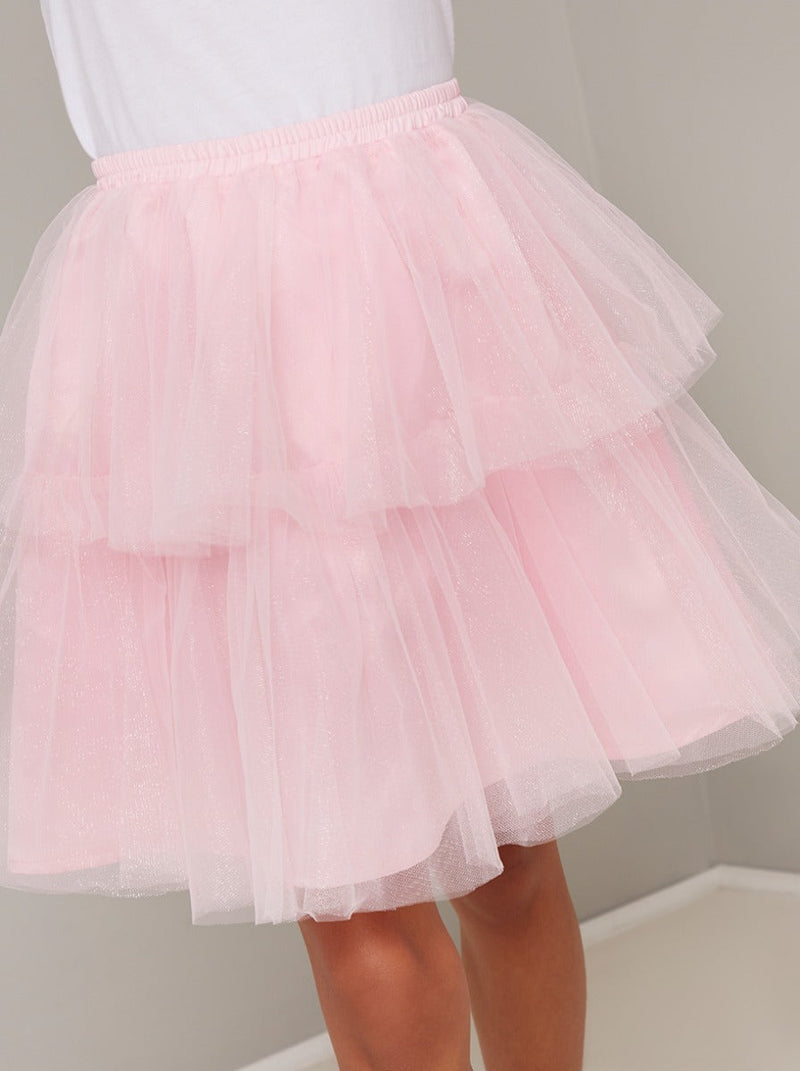 Girls Tiered Tulle Midi Tutu Skirt in Pink