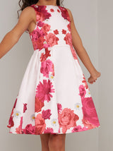 Girls Floral Placement Midi Dress in Pink